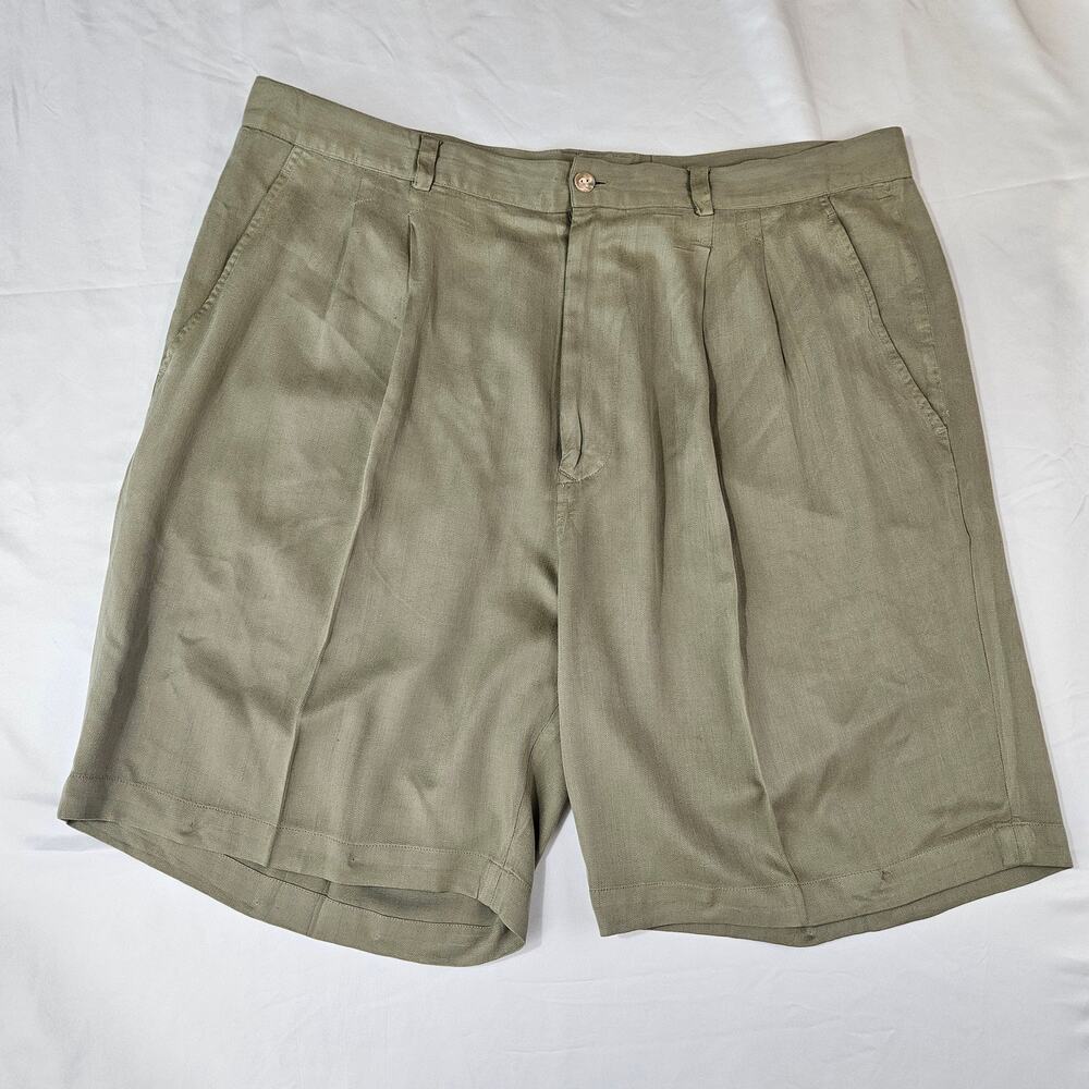 Pineapple Moon Mens 38 Silk Shorts Pleated Herringbone Greenish Tan Olive Khaki